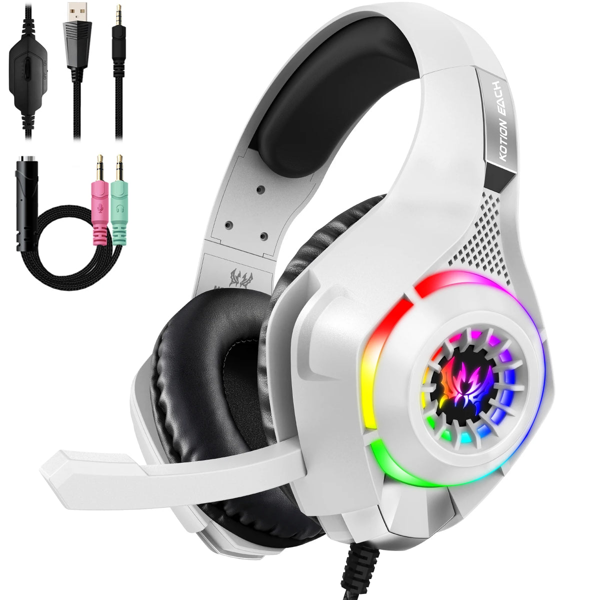 VIKEFON RGB Gaming Headset with Mic – Stereo Surround Sound Gaming Headset SPOT White