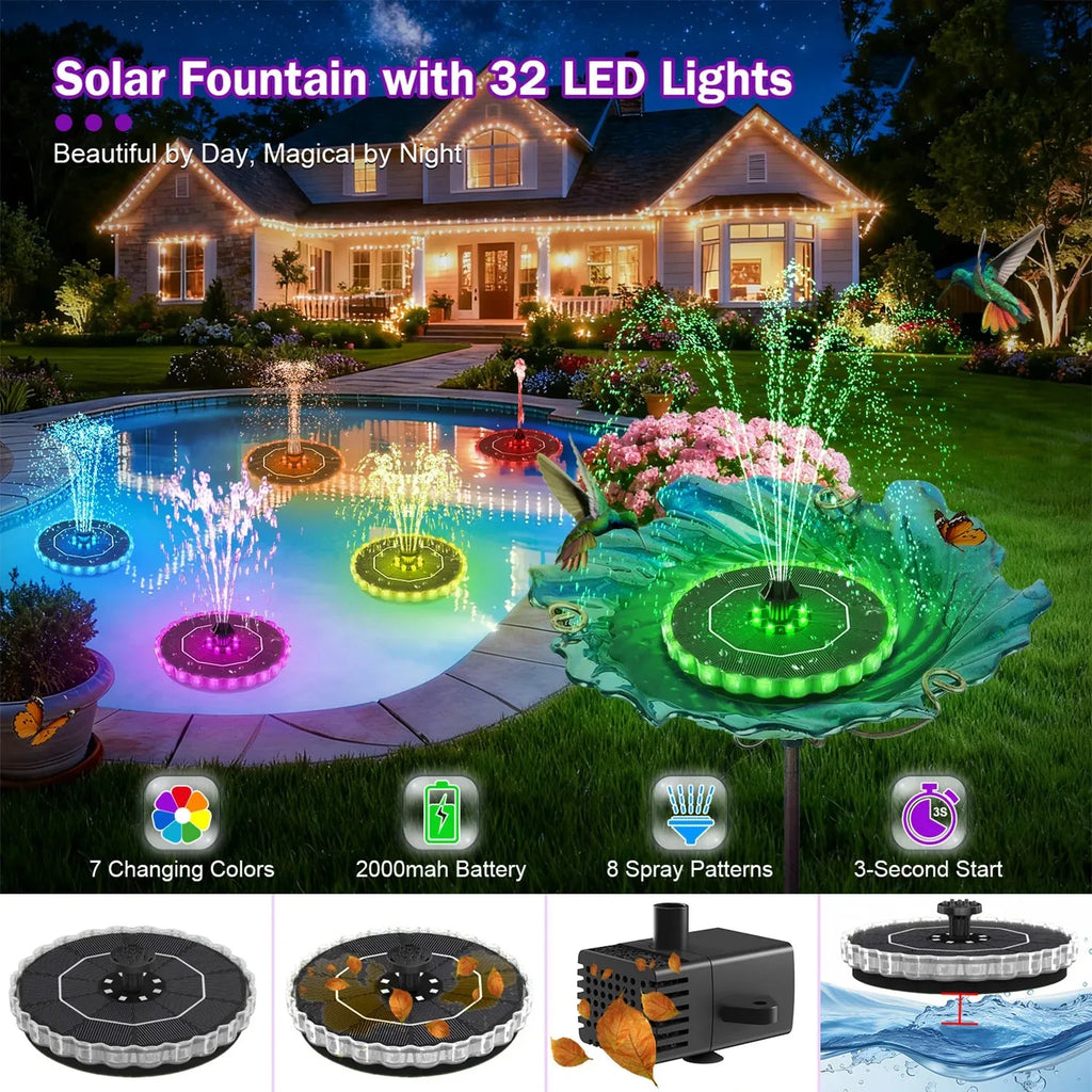 Solar Bird Bath Fountain 3.5W – LED Lights & 7 Nozzles Solar Garden Fountain SPOT