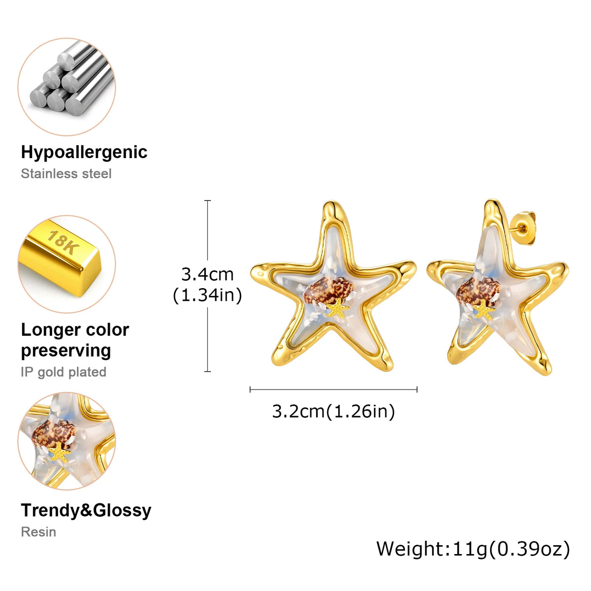 Starfish Resin Stud Earrings – Hypoallergenic Beach Jewelry Stud Earrings SPOT