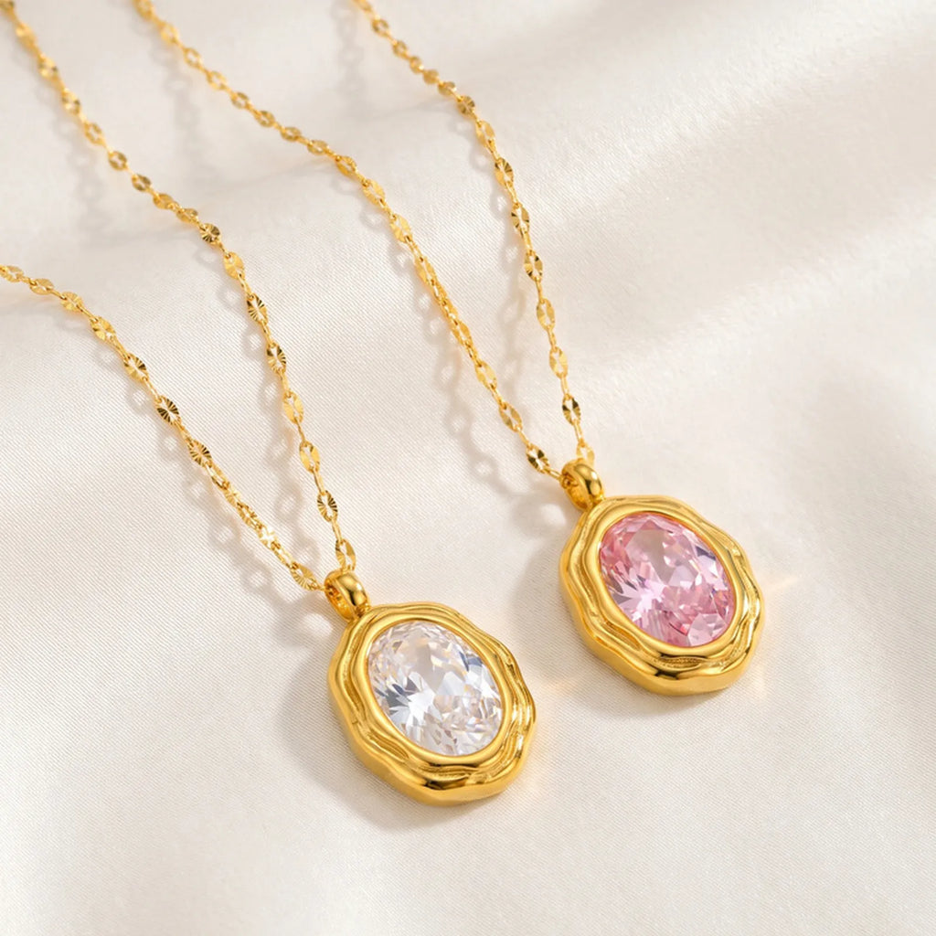 Textured Oval CZ Crystal Necklace – 18K Gold Plated Pendant Pendant Necklace SPOT