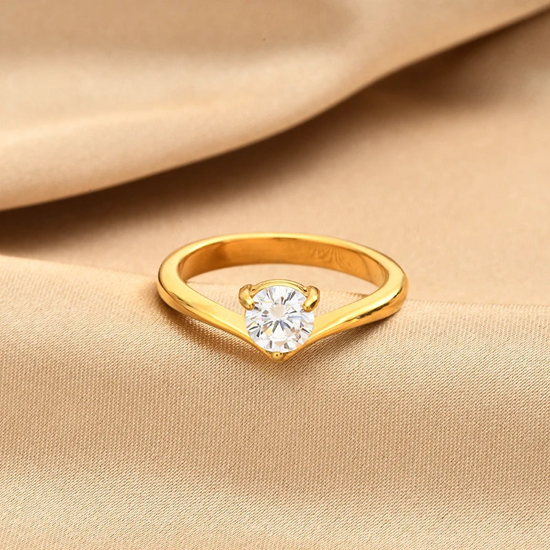 Chevron Solitaire Ring – 18K Gold Plated CZ V Band for Women Fashion Ring SPOT