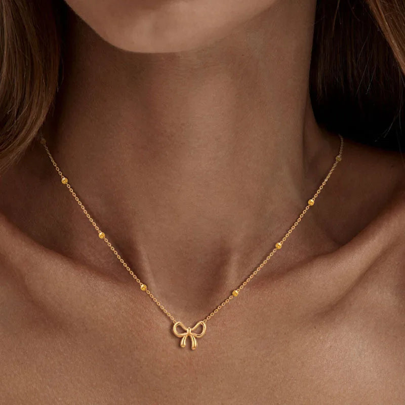Women's 18K Gold Bow Pendant Necklace – Dainty Satellite Chain Pendant Necklace SPOT Default Title