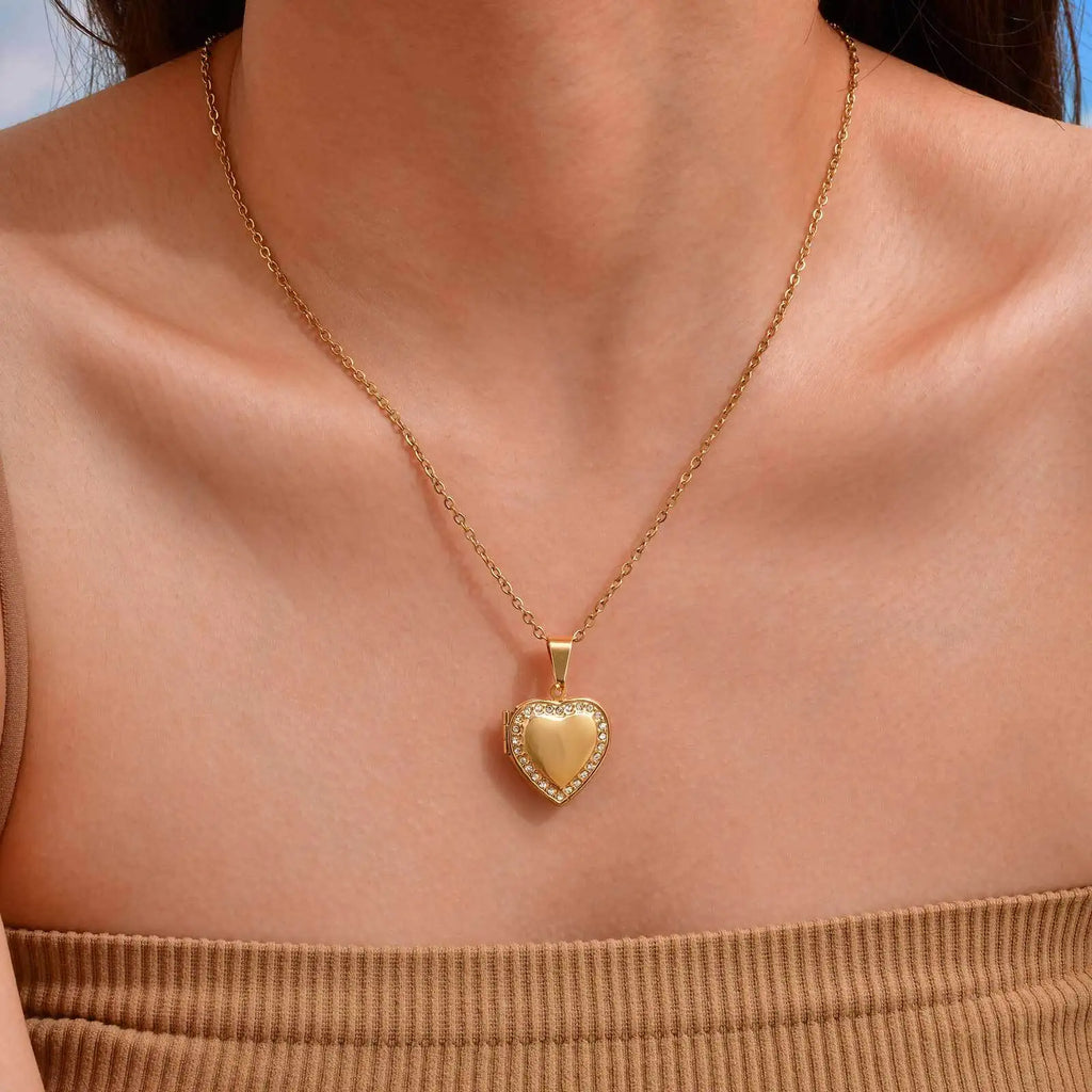 Cubic Zirconia Heart Locket Necklace – 18K Gold Plated Women Heart Locket Necklace SPOT