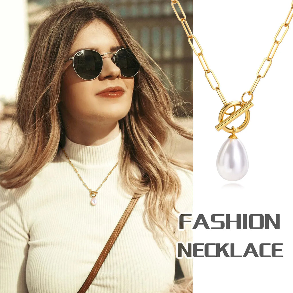 Mini Pearl Toggle Necklace – Gold Paperclip Chain for Women Pearl Pendant Necklace SPOT