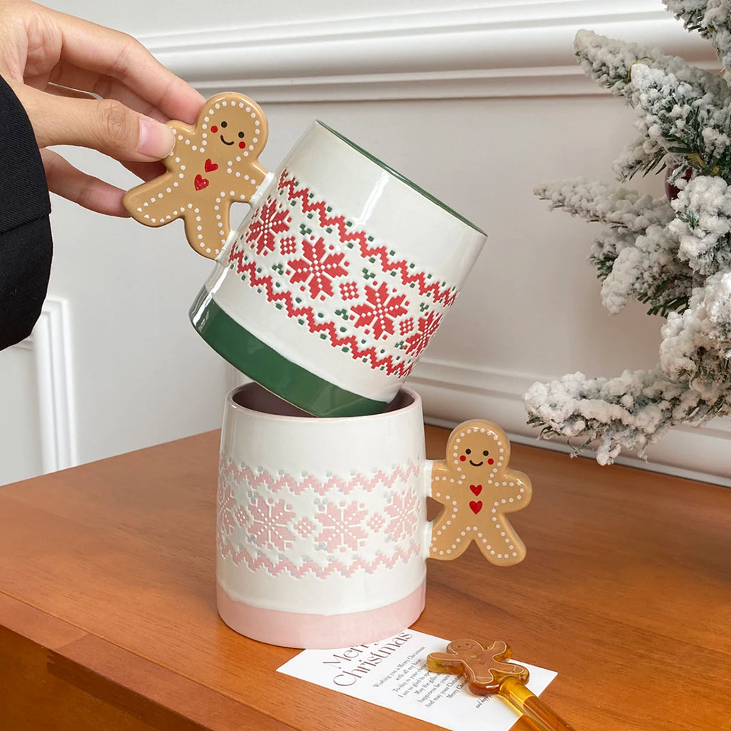 Gingerbread Man Ceramic Christmas Mug – Snowflake Texture Ceramic Coffee Mug SPOT