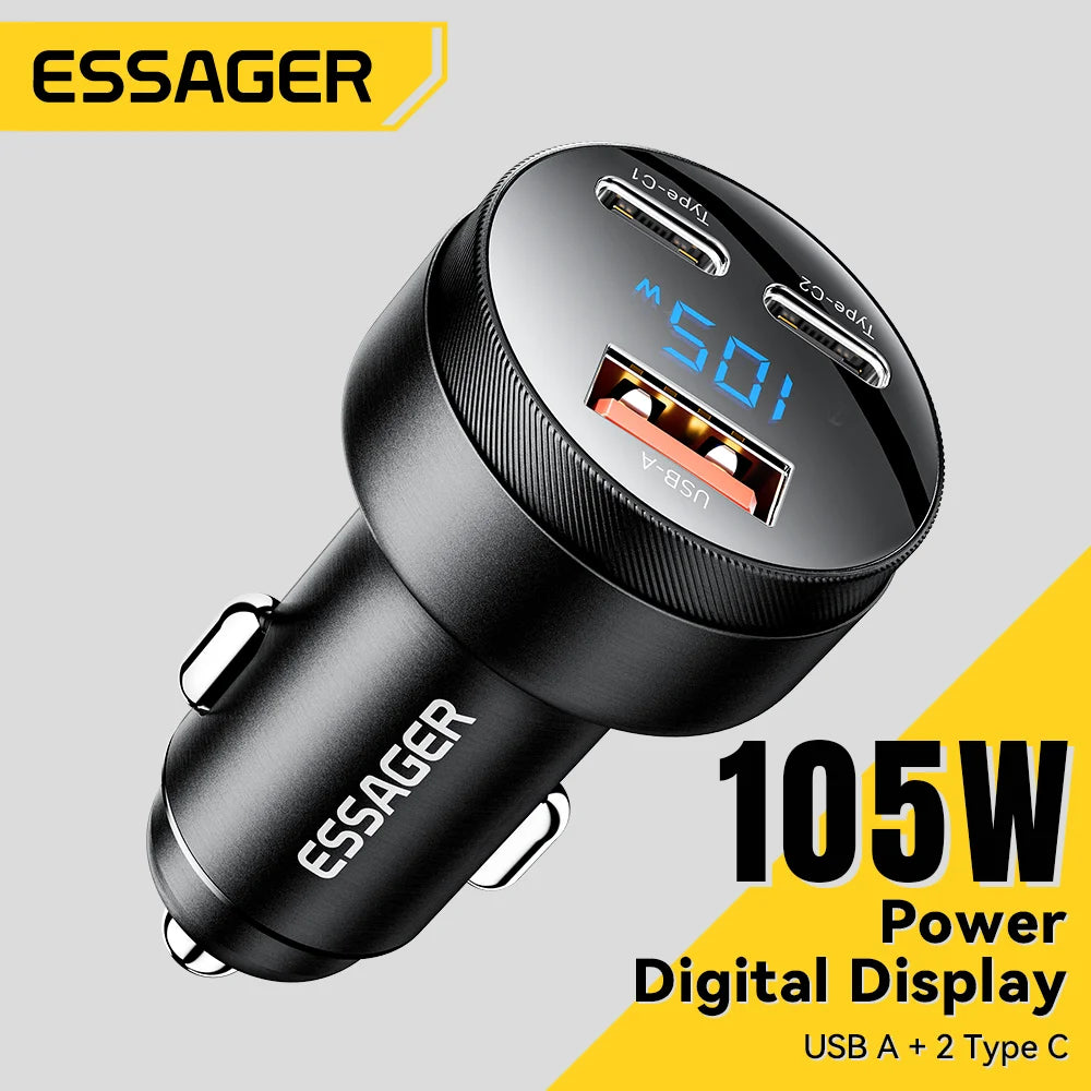 Essager 120W GaN Car Charger – 3-Port QC4.0 PD Fast Charging Car Charger SPOT