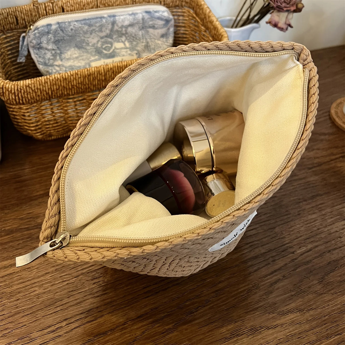 Woven Cosmetic Bag – Rice Grain Pattern Zipper Makeup Pouch Cosmetic Travel Bag SPOT
