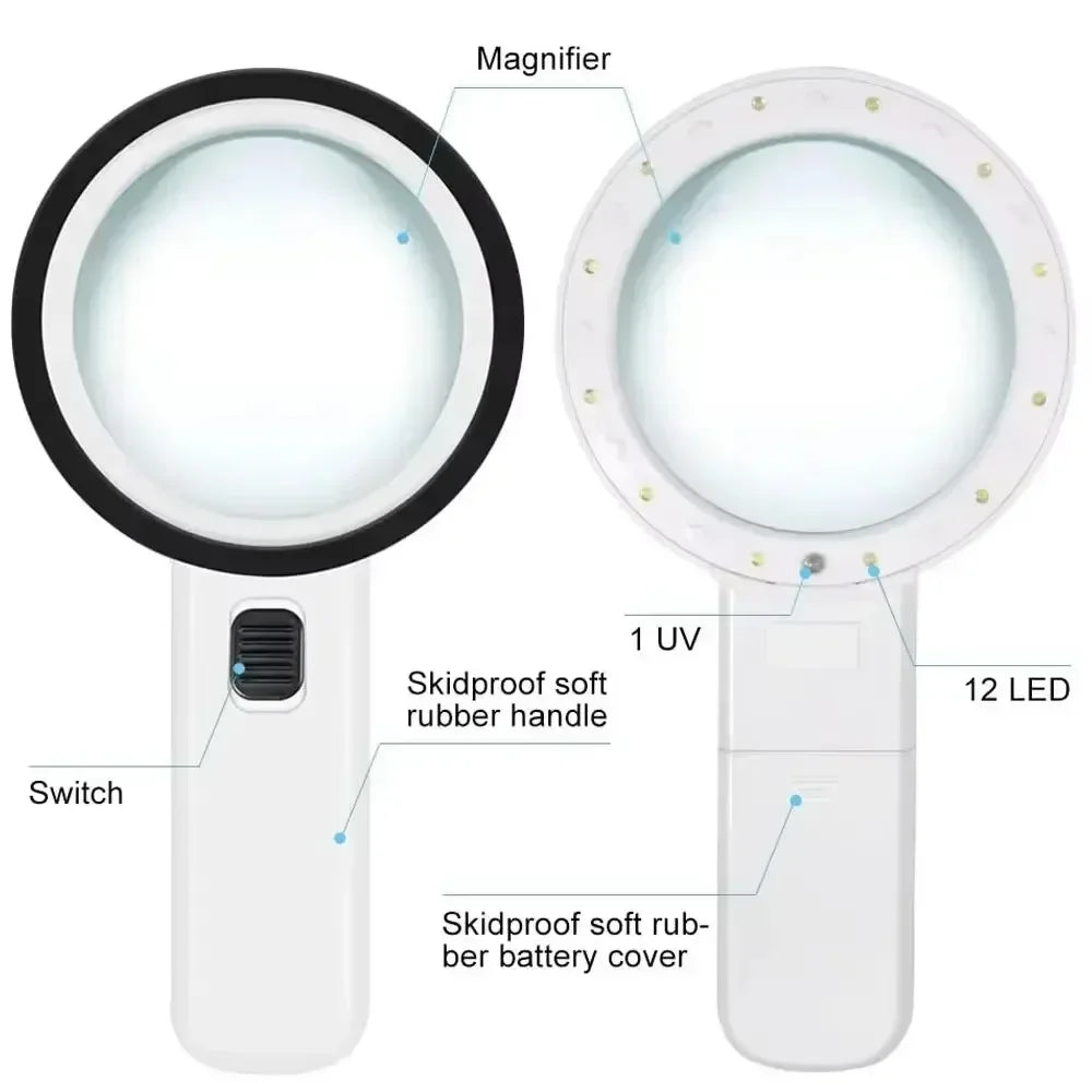 30X Hand-Held LED Magnifier – 12 LED Lights for Reading LED Magnifying Glass SPOT