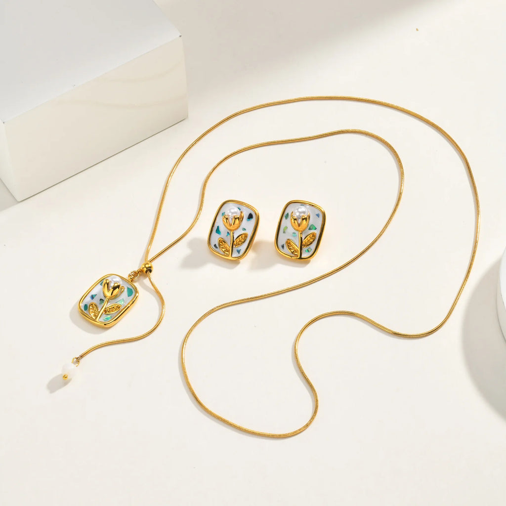 Tulip Pearl Jewelry Set – Gold Plated Necklace & Earrings Pearl Jewelry Set SPOT