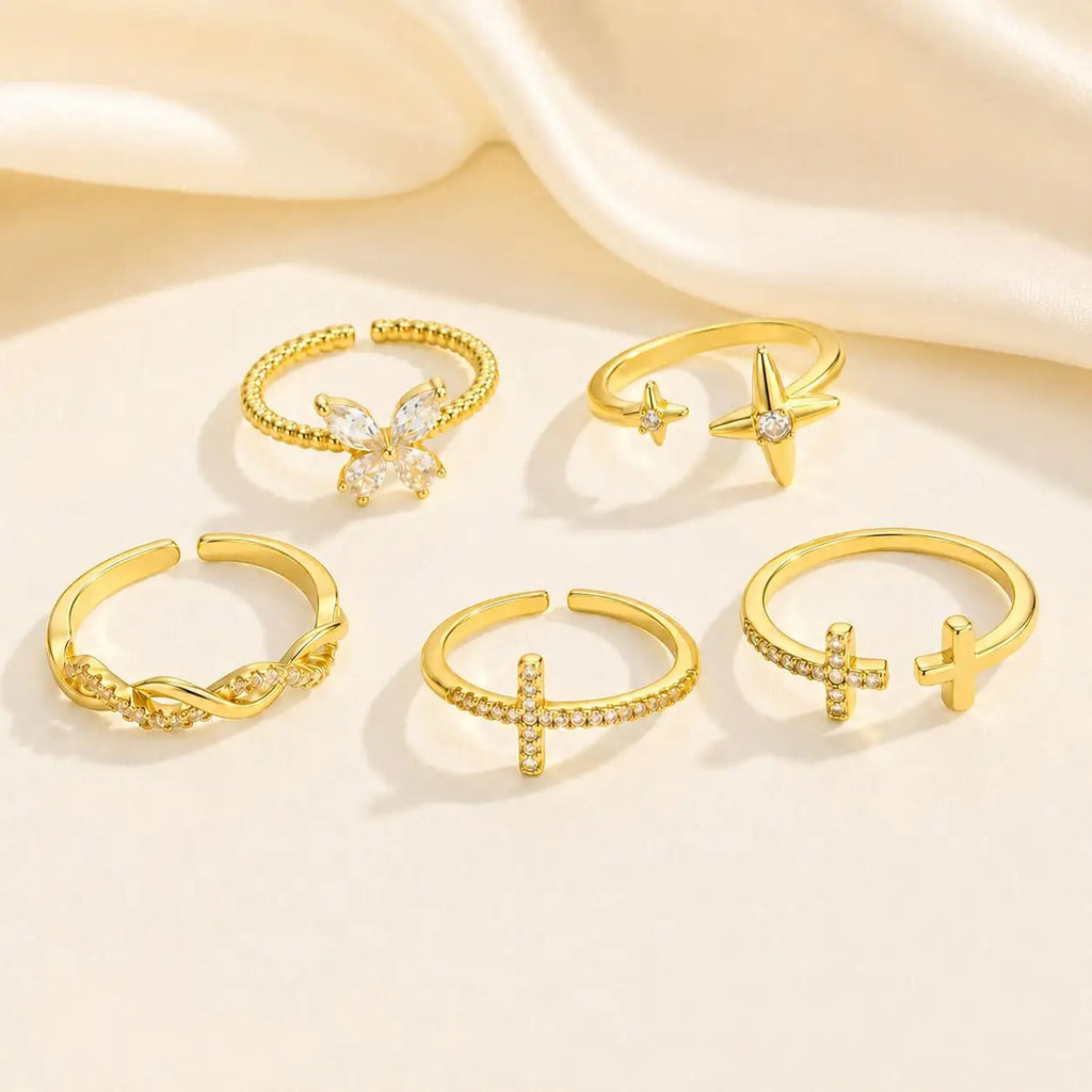 5-Piece Gold CZ Geometric Adjustable Ring Set for Women Fashion Ring Set SPOT