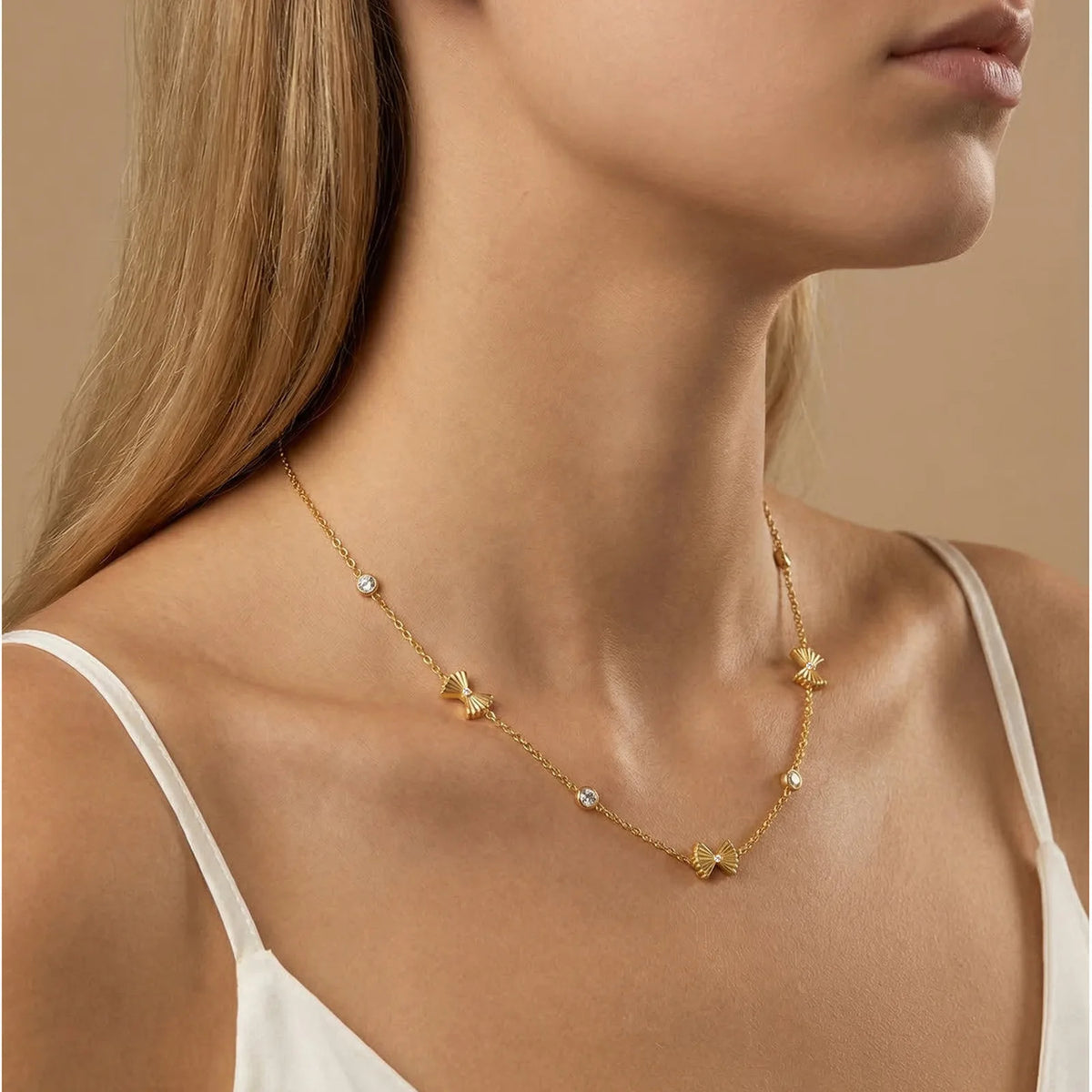 Bowknot Zircon Necklace 18K Gold Plated Stainless Steel Women Pendant Necklace SPOT