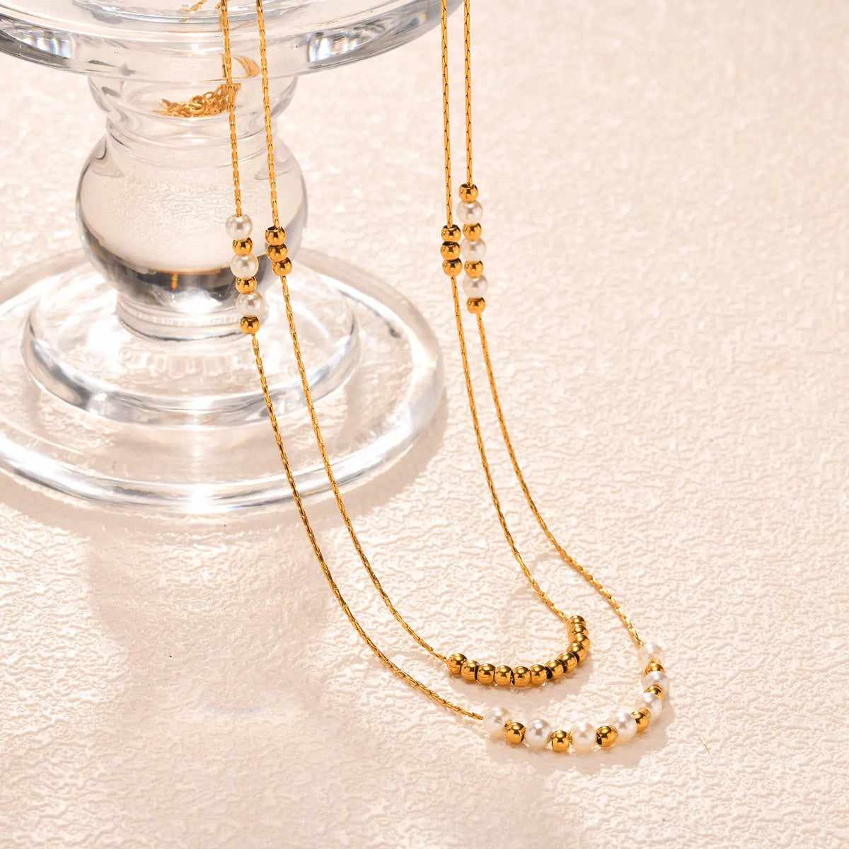 Beaded Stackable Pearl Chain Necklace – Gold Stainless Steel Stackable Chain Necklace SPOT