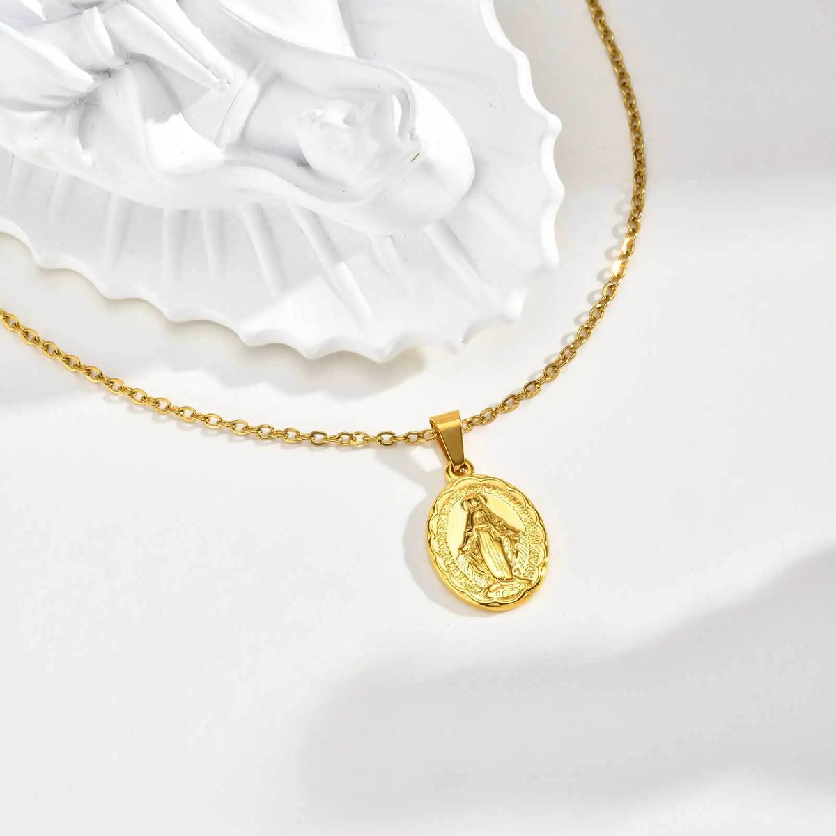 Women's Virgin Mary Medallion Necklace – Gold Stainless Steel Religious Pendant Necklace SPOT