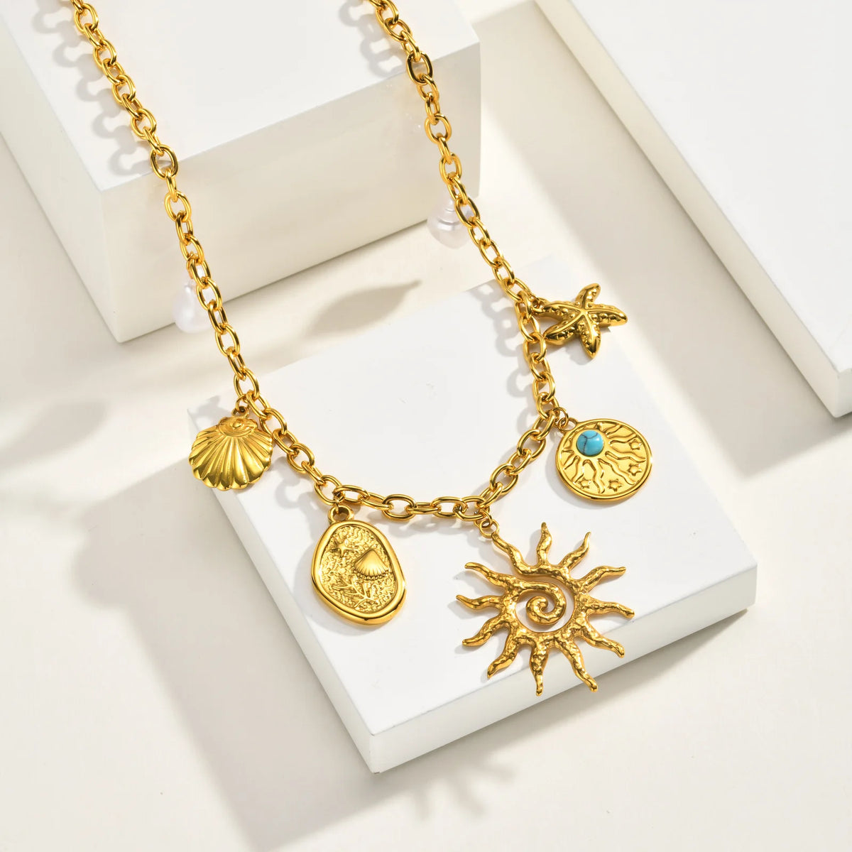 18K Gold Sun Pendant Necklace – Baroque Pearl, Waterproof Steel Pendant Necklace SPOT