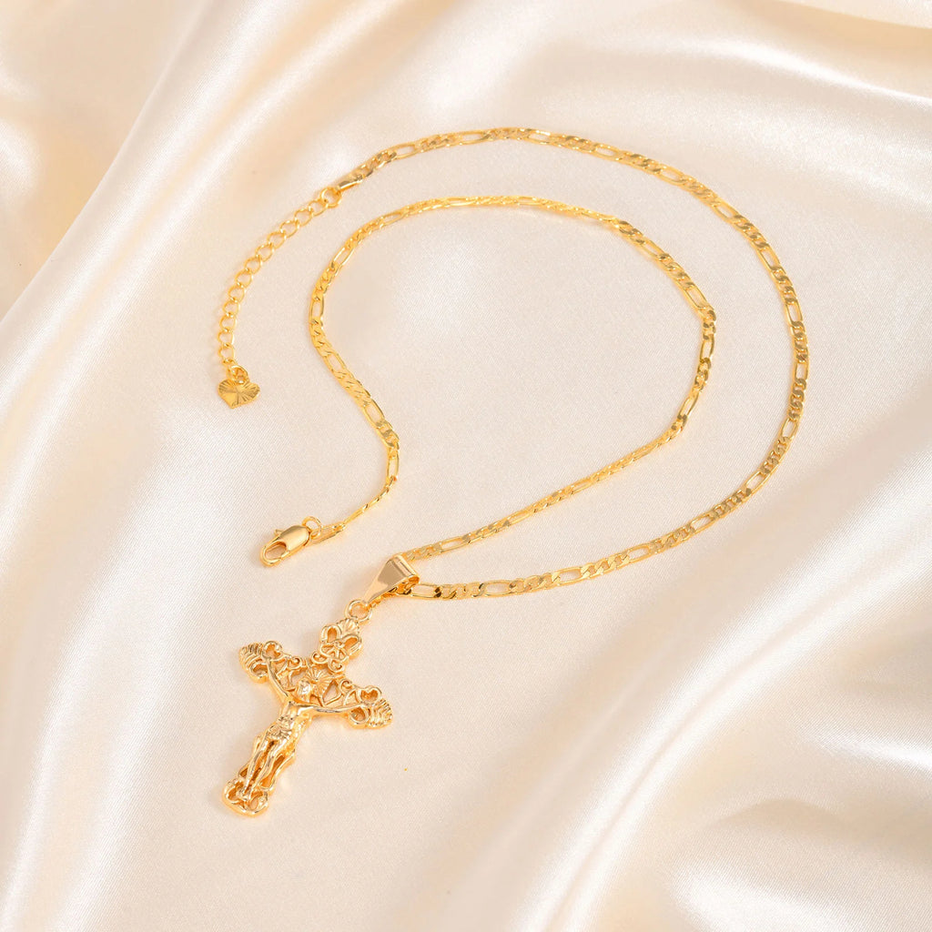 CZ Crucifix Cross Pendant Necklace – Gold Figaro Chain Cross Pendant Necklace SPOT