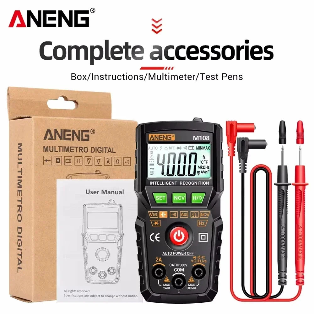 ANENG M107 Mini Digital Multimeter 4000 Count Auto-Range AC/DC Digital Multimeter SPOT M108 Black