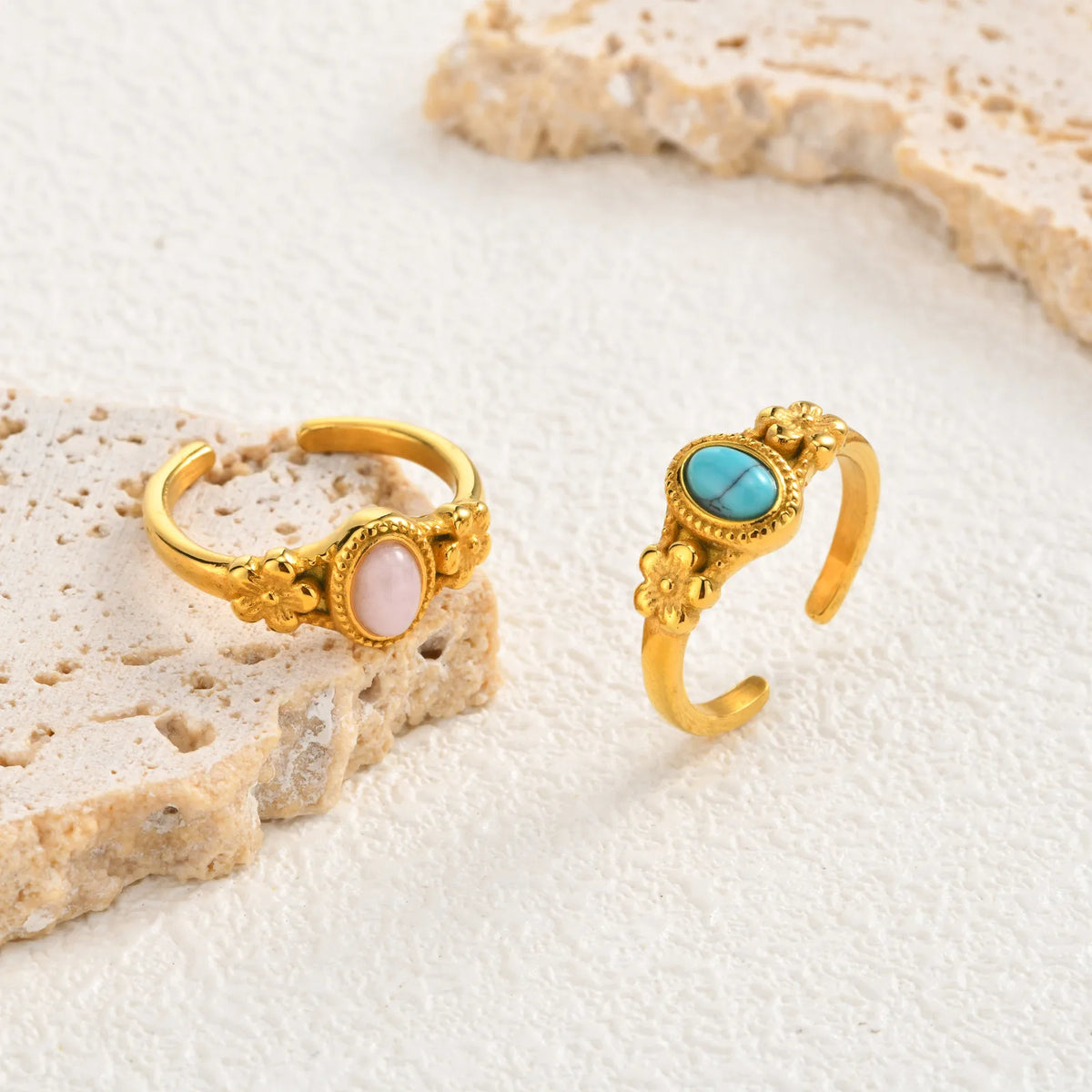 Adjustable Floral Ring – Turquoise Rose Quartz 18K Gold Plated Fashion Ring SPOT