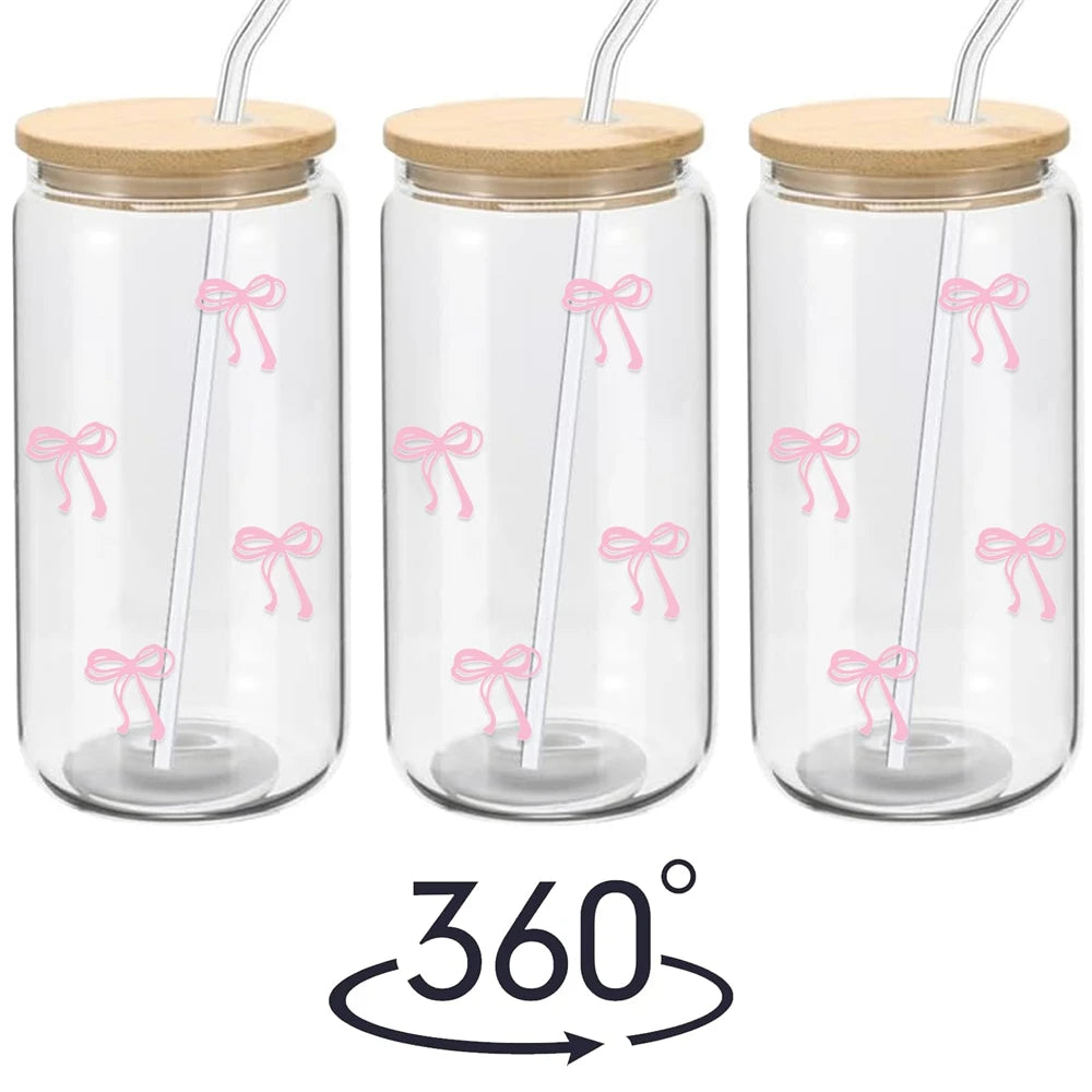 Pink Bow Glass Tumbler 18oz with Lid & Straw | Cute Cup Glass Tumbler Cup SPOT