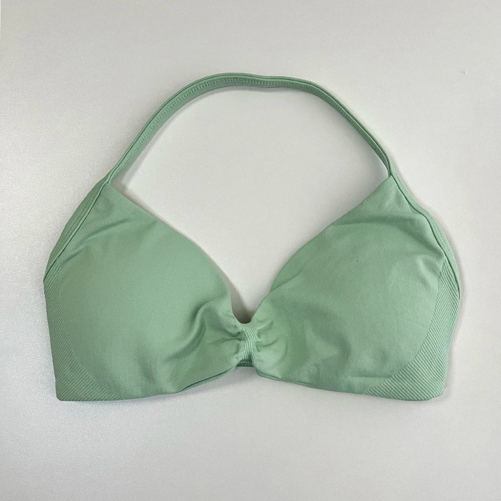 Women's Strappy Halter Sports Bra – Backless Gym Crop Top Women's Sports Bra SPOT Palm Green L