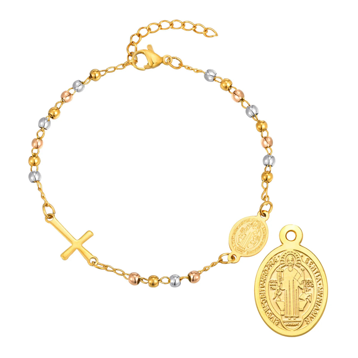 Virgin Mary St Benedict Cross Bracelet – Stainless Steel Religious Beaded Bracelet SPOT BR-2427G01