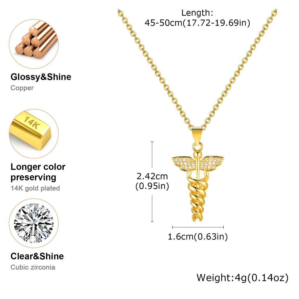 14K Gold Plated Angel Wing Medical Symbol Necklace – Doctor Gift Pendant Necklace SPOT
