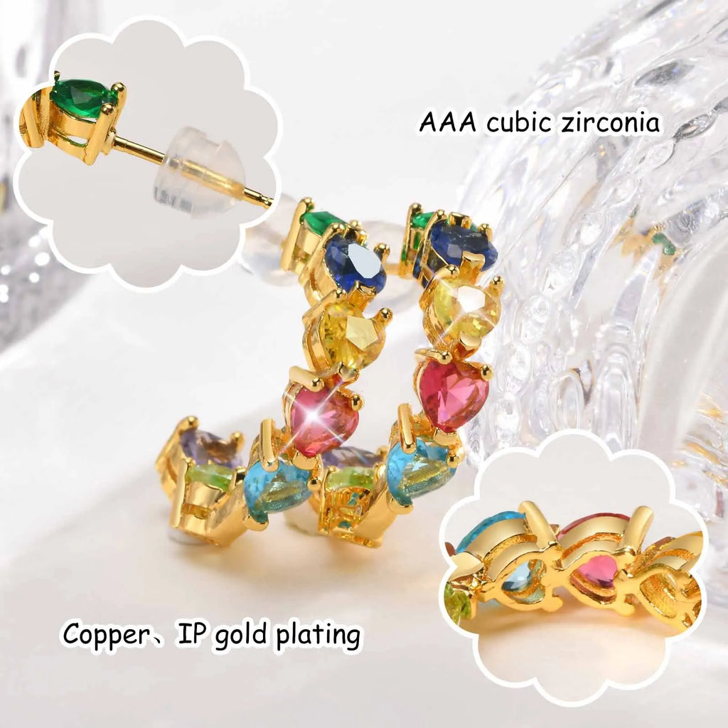 Cubic Zirconia Rainbow Heart Hoop Earrings – 14K Gold Hoop Earrings SPOT