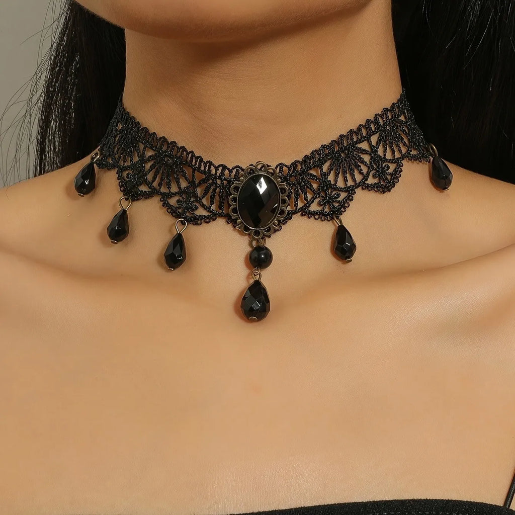 Gothic Black Lace Choker – Teardrop Bead Vintage Collar Necklace Gothic Choker Necklace SPOT Default Title