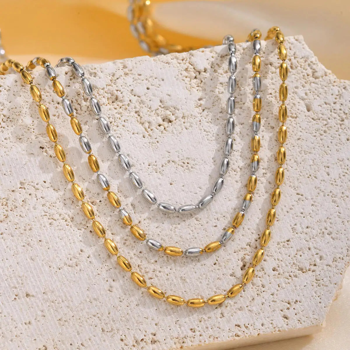Women's Olive Bead Necklace – Two-Tone Stainless Steel Chain Beaded Chain Necklace SPOT
