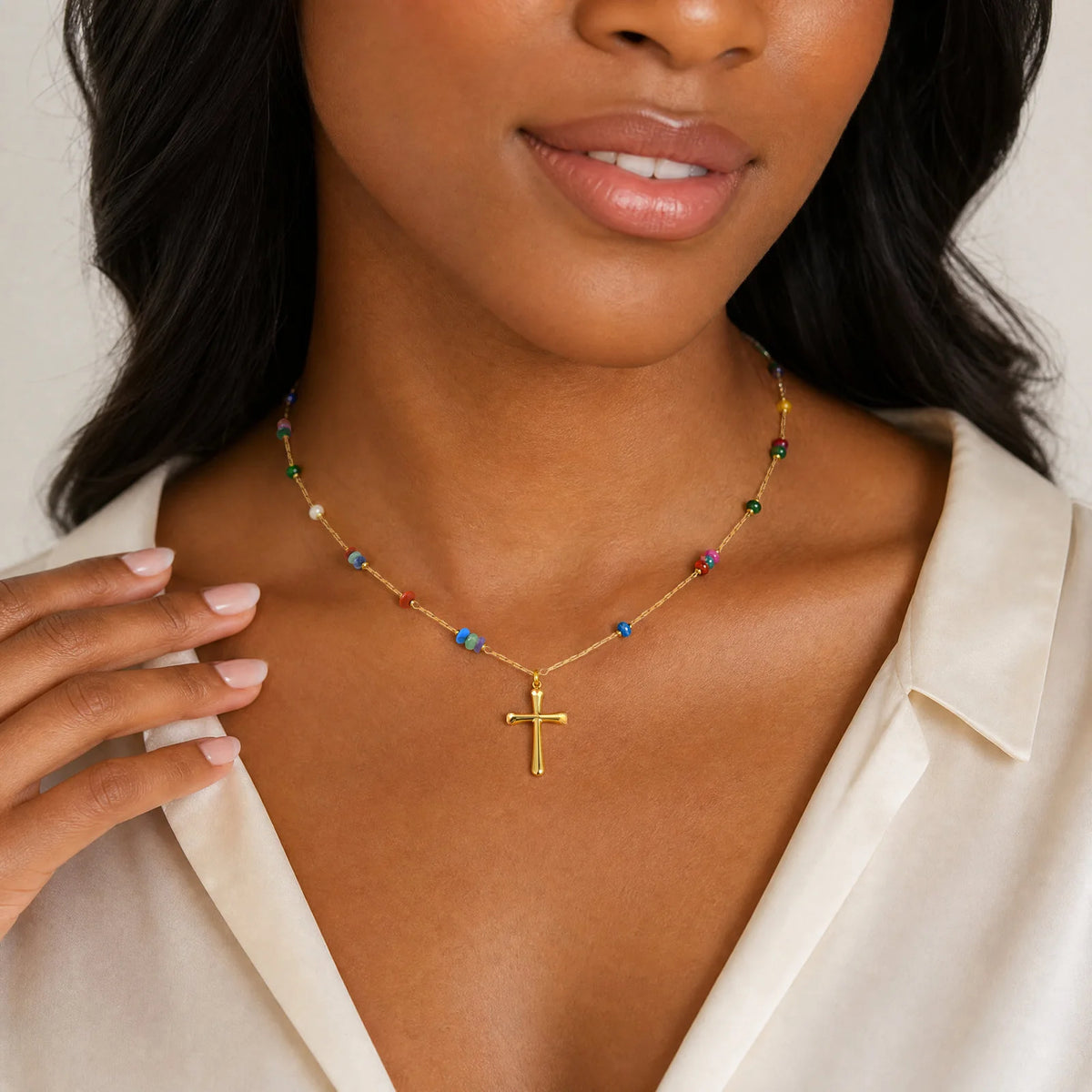 Natural Stone Beaded Cross Pendant Necklace – 18K Gold PVD Pendant Necklace SPOT