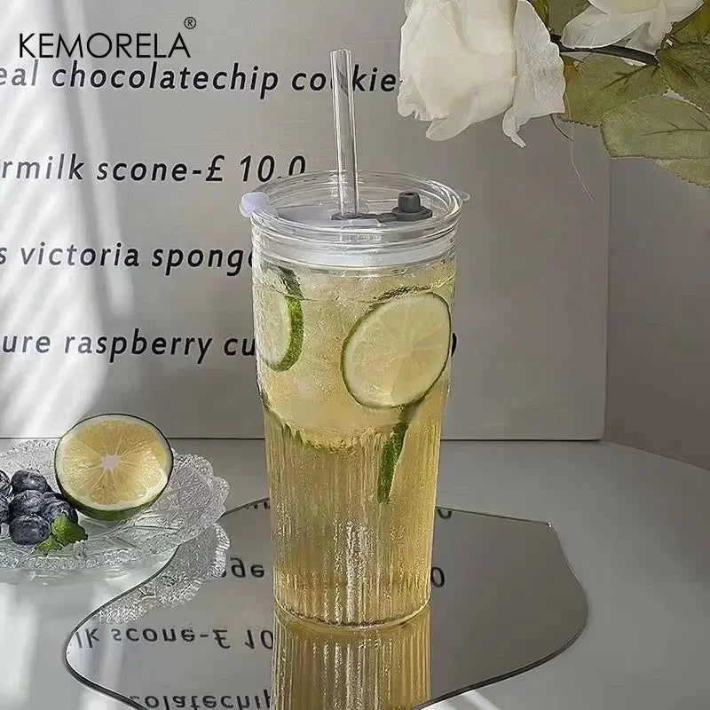 KEMORELA 600ml Stripe Glass Cup with Lid & Straw Glass Tumbler SPOT