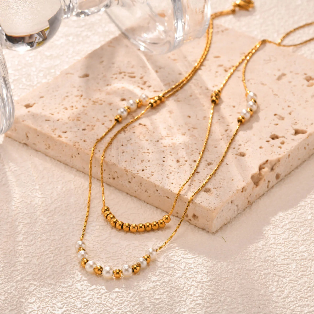Beaded Stackable Pearl Chain Necklace – Gold Stainless Steel Stackable Chain Necklace SPOT
