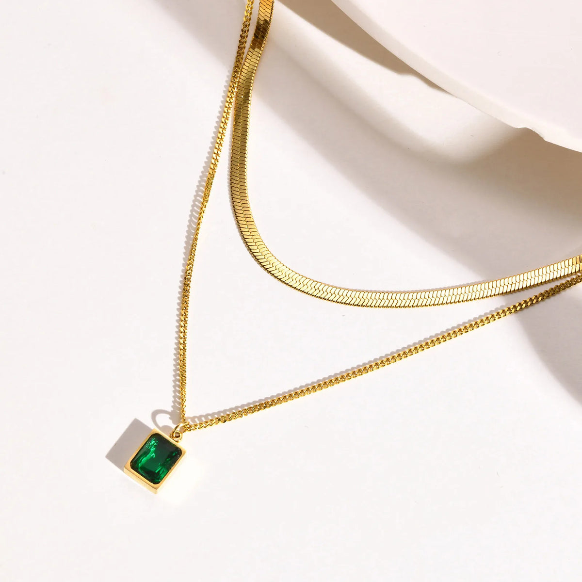 Gold Layering Necklace Set – Green Zirconia & Herringbone Choker Layering Necklace Set SPOT