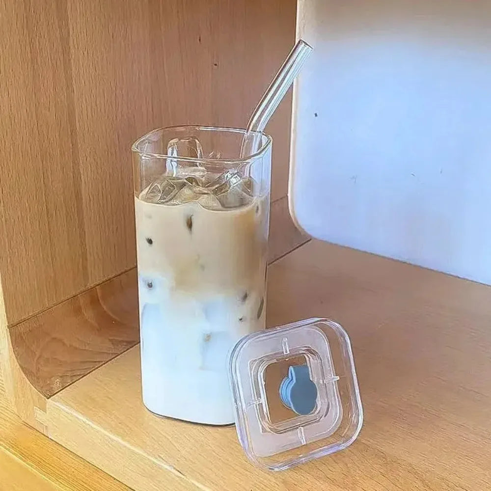 Square Glass Cup with Lid & Straw – 400ml Transparent Mug Glass Cup SPOT