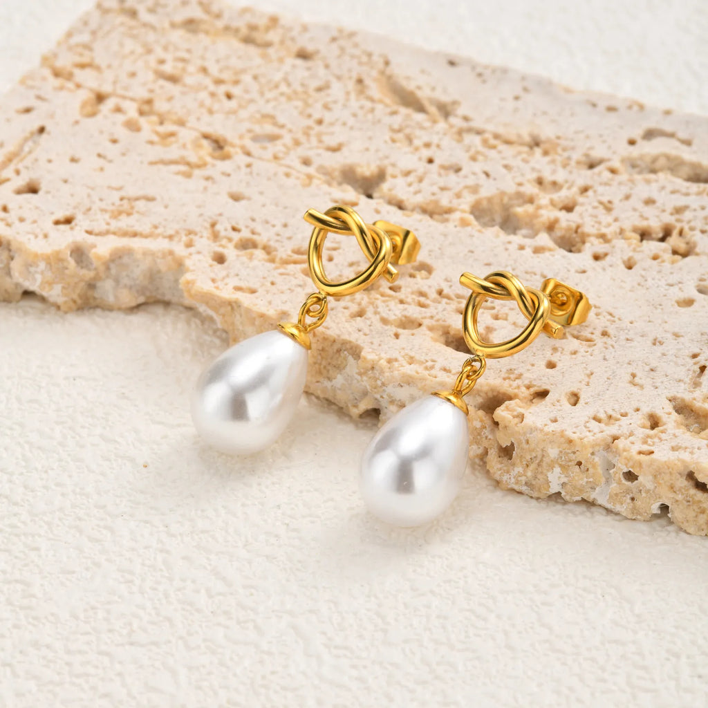 18K Gold Plated Knot Teardrop Pearl Drop Earrings | Dangle Pearl Drop Earrings SPOT
