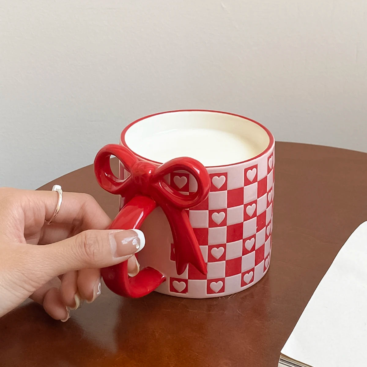 Ceramic Mug with Bowknot Handle & Heart Checkerboard Design Ceramic Coffee Mug SPOT