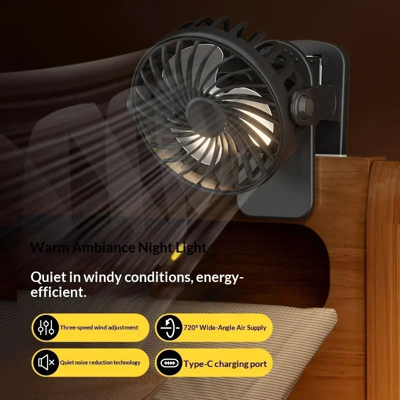 Mini Clip Fan 720° Rotation USB Rechargeable with Night Light Portable Clip Fan SPOT