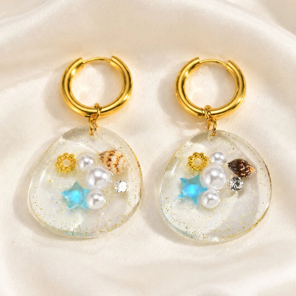 Resin Ocean Drop Earrings | Seashell Starfish 18K Gold Plated Drop Earrings SPOT