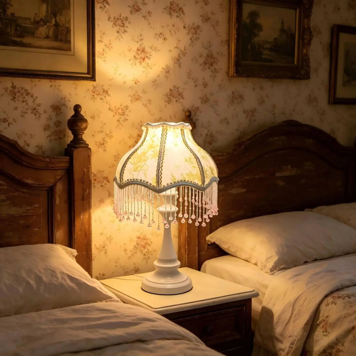 Vintage Pedestal Table Lamp – Fringe Shade & Crystal Beads Decorative Table Lamp SPOT
