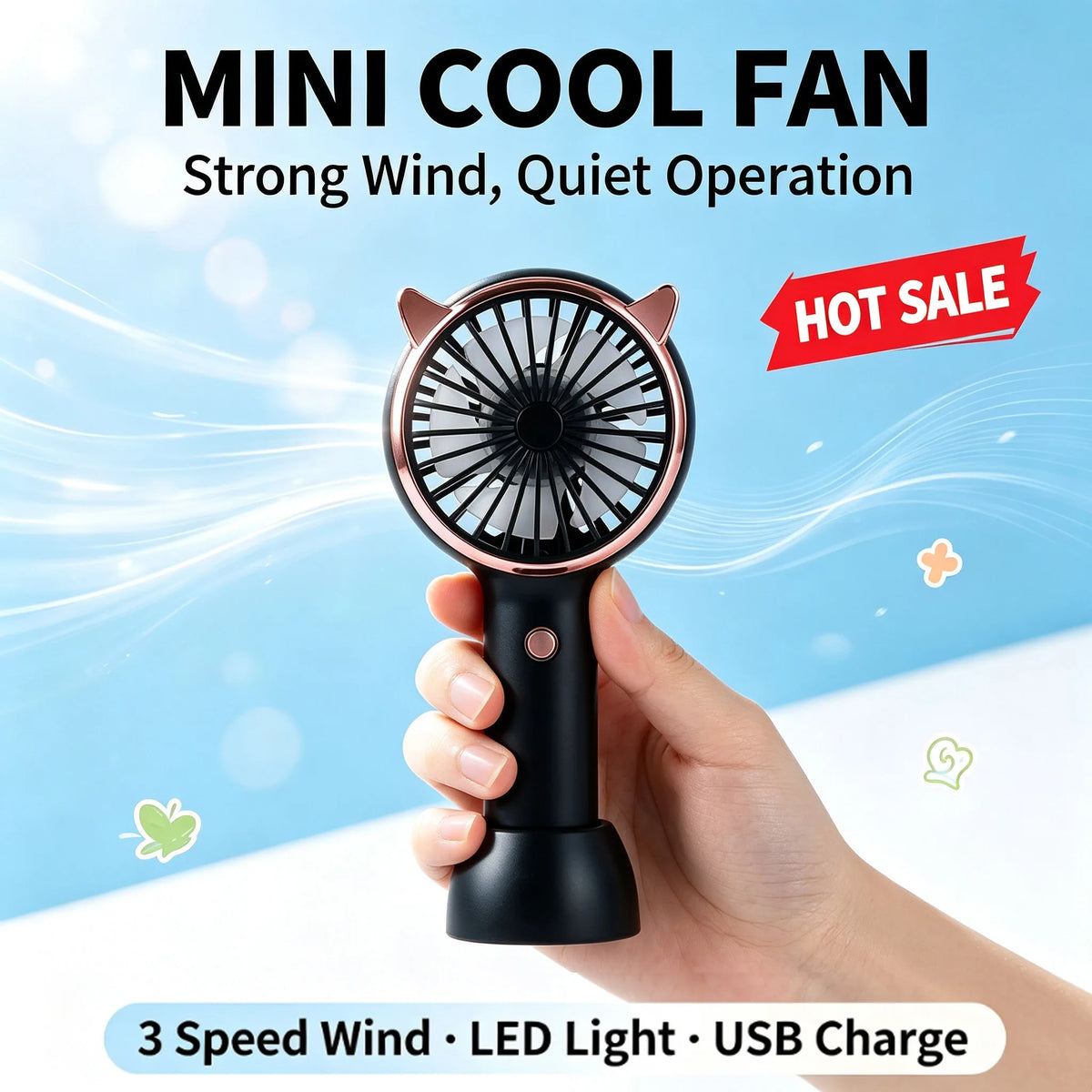 Cat Ear Mini Handheld Desk Fan – USB Rechargeable, LED Light Handheld Desk Fan SPOT