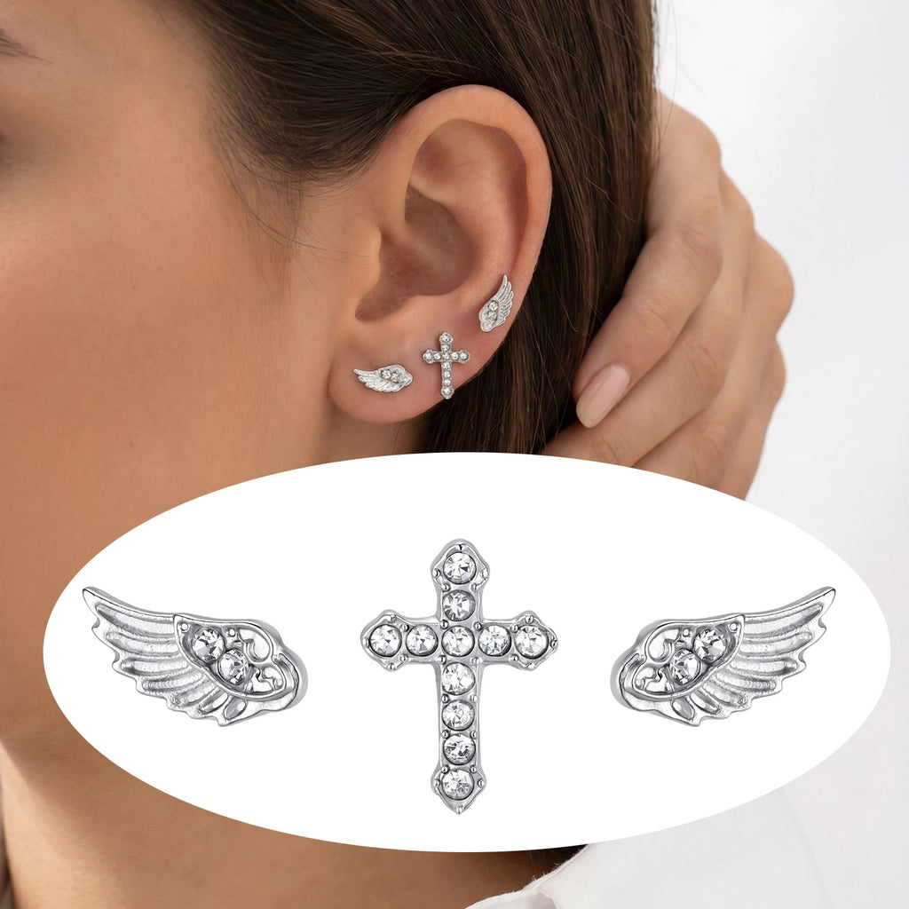 Gothic Cross Angel Wings Stud Earrings Set – 3Pcs CZ Silver Stud Earring Set SPOT Default Title