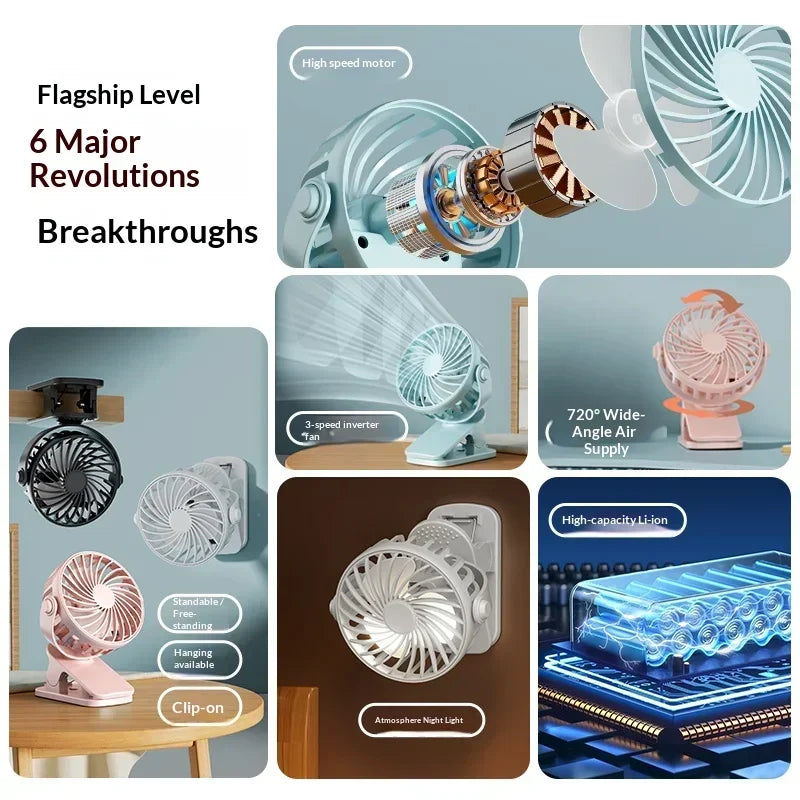 Mini Clip Fan 720° Rotation USB Rechargeable & Night Light Portable Clip Fan SPOT