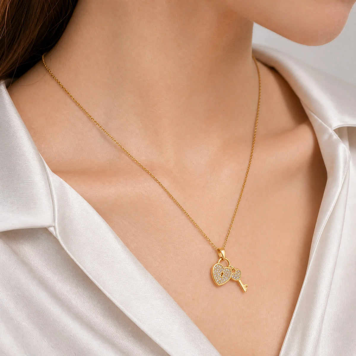 Heart Lock & Key Necklace – 18K Gold Plated CZ Pendant for Women Pendant Necklace SPOT