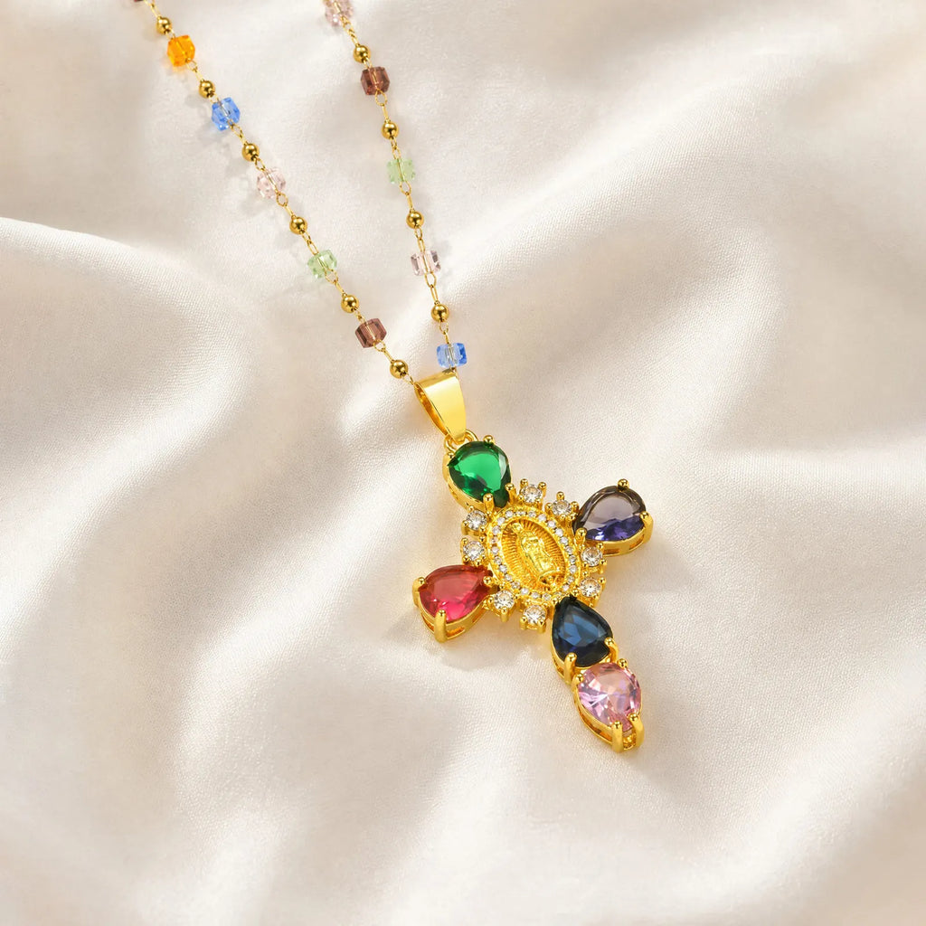 Multicolor CZ Cross Necklace – 18K Gold Plated Stainless Steel Cross Pendant Necklace SPOT