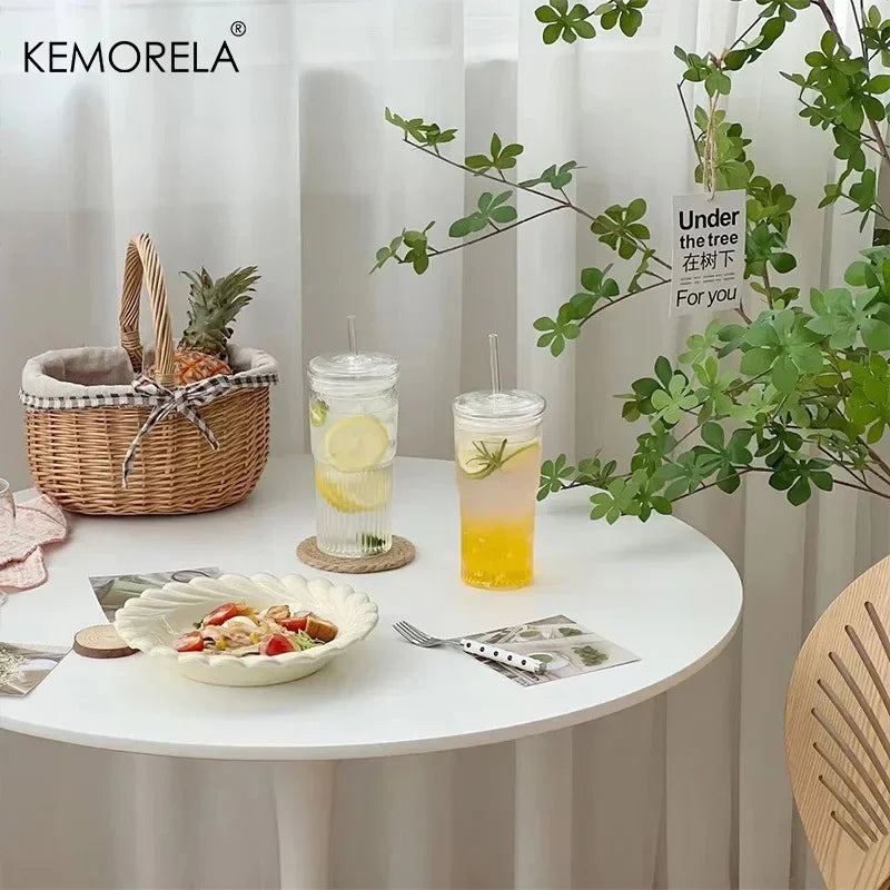 KEMORELA 600ml Stripe Glass Cup with Lid & Straw Glass Tumbler SPOT
