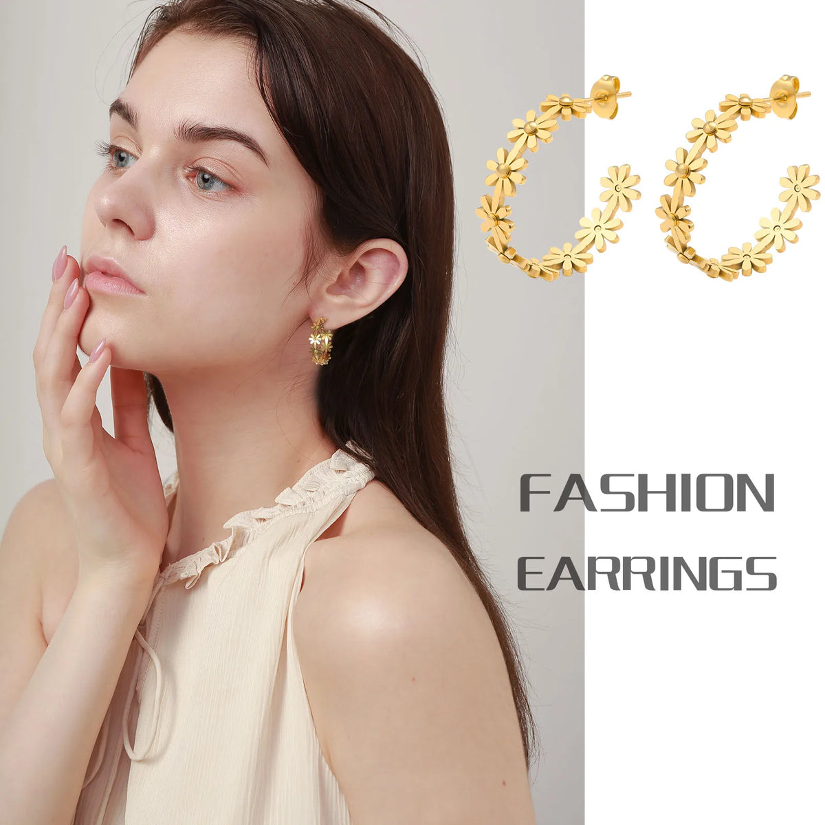 Daisy Flower Hoop Earrings – 18K Gold Stainless Steel Waterproof Hoop Earrings SPOT