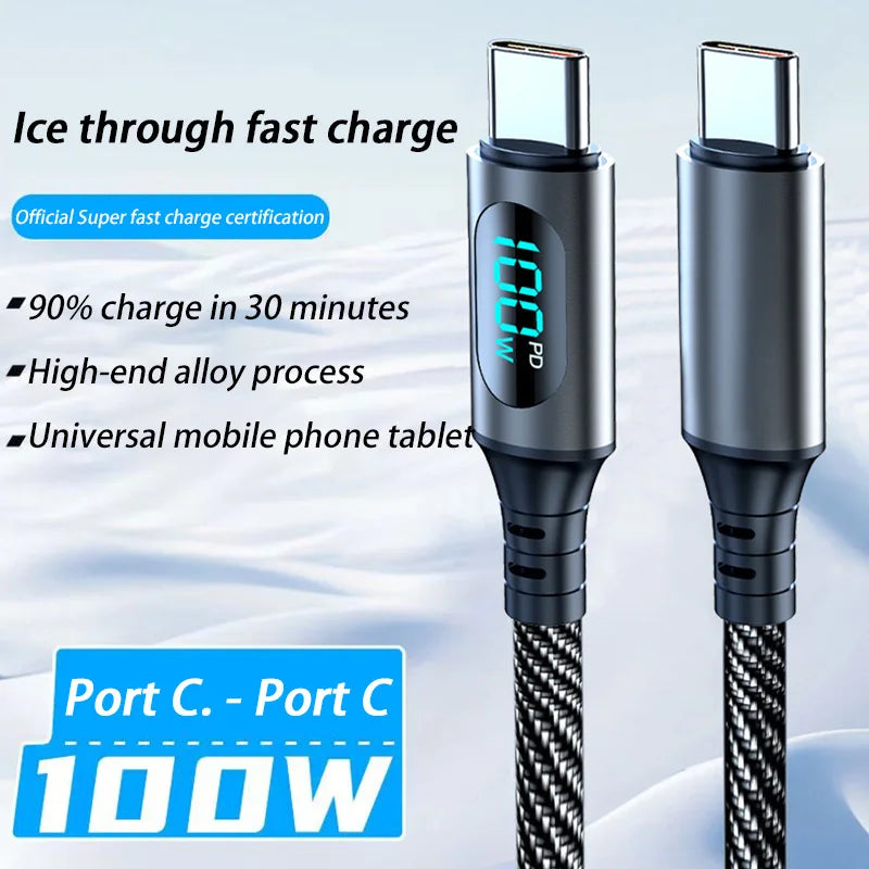 120W Fast Charge USB-C Cable with LED Digital Display USB Charging Cable SPOT 100W C-C cable1 2m