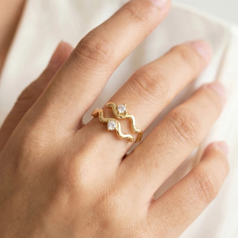 Hollow Wave Zirconia Adjustable Ring – 18K Gold Plated | Meaeguet Cocktail Ring SPOT