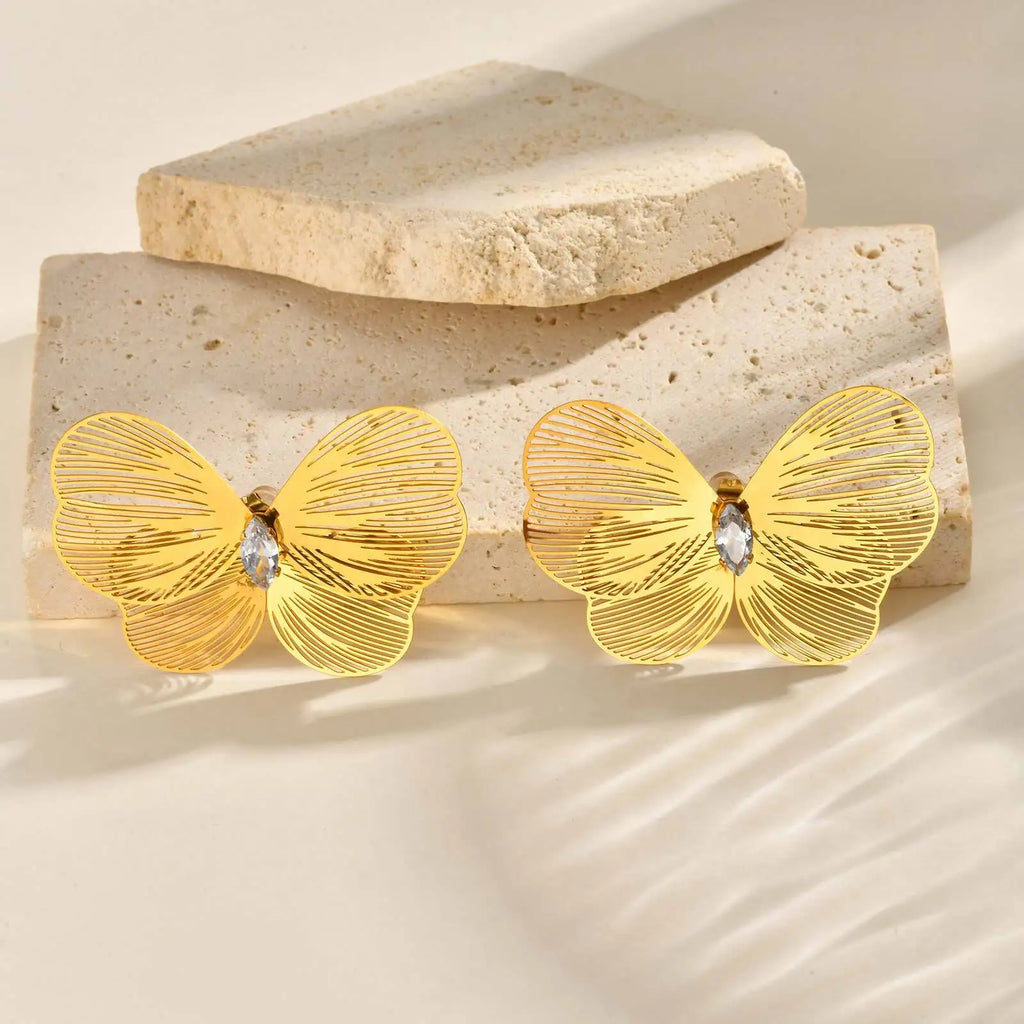 Butterfly Wing CZ Stud Earrings – Gold Stainless Steel Women Stud Earrings SPOT