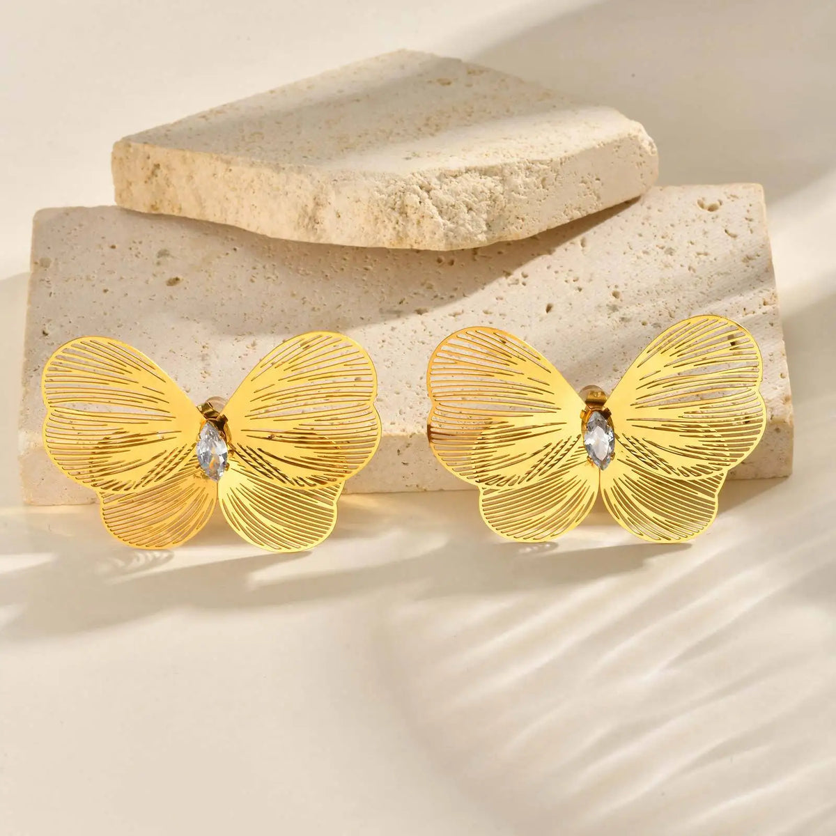 Butterfly Wing CZ Stud Earrings – Gold Stainless Steel Women Stud Earrings SPOT