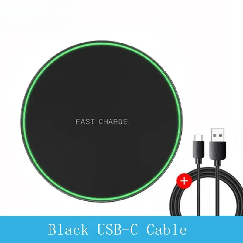 VIKEFON 15W Wireless Charging Pad – iPhone & Samsung Fast Charger Wireless Charging Pad SPOT Black USB-C Cable